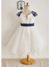 Navy Blue Lace Ivory Satin Organza Classic Wedding Flower Girl Dress 